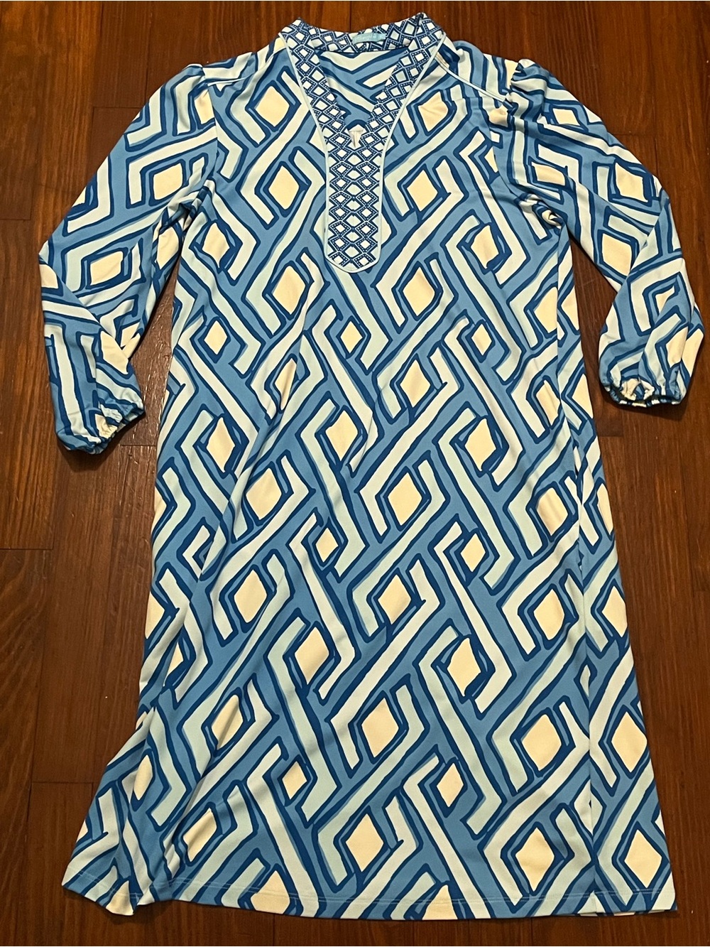 J. McLaughlin Women’s Blue and White Geometric 3/4 Sleeve Dress Size Small